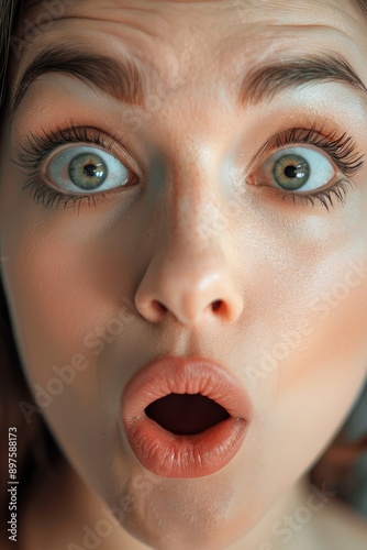 Surprised Woman with Wide Eyes and Open Mouth on Neutral Background - Stock Photo for Marketing, Advertising