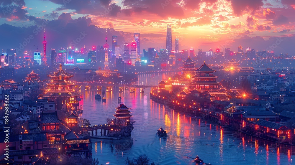 Fototapeta premium The city's vibrant, neon-lit skyline at night, shimmering with radiant lights and bustling activity, creating a lively, energetic atmosphere that feels both majestic and futuristic. Watercolor style,