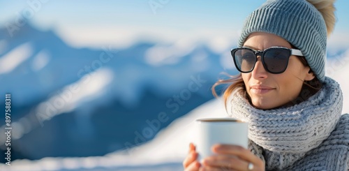 Woman in Snowy Mountains at Sunset