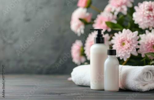 White Bottles and Towels on a Countertop