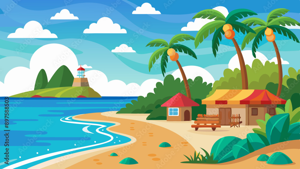 Obraz premium Tropical island paradise, palm-fringed beach house, ocean view, summer escape. vector illustration