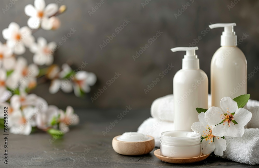 White Bottles and Towels on a Countertop White Bottles and Towels on a Countertop