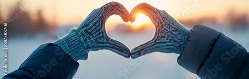 Heart Shape Made With Winter Gloves at Sunset