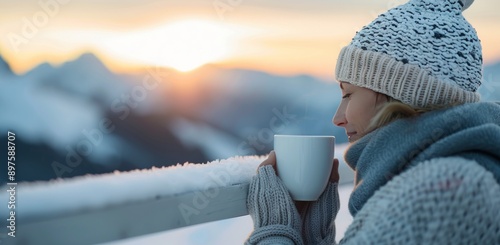 Woman in Snowy Mountains at Sunset