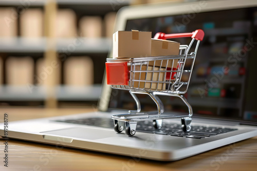 Online shopping concept with miniature shopping cart standing in front of laptop