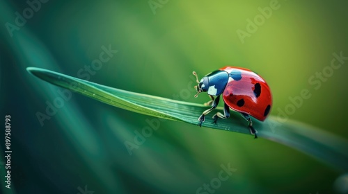 Close-up of a ladybug on a blade of grass, focusing on its vibrant colors. photo