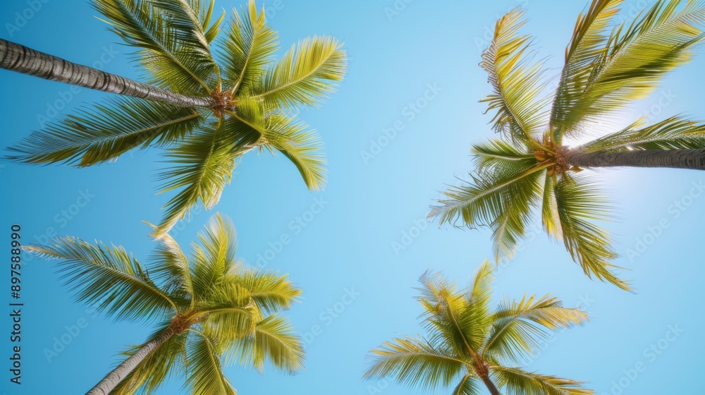 Palm branches swaying gently against a clear blue sky Palm branches swaying gently against a clear blue sky