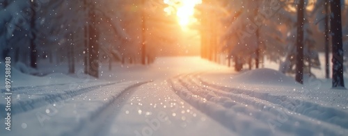 Snowy Forest Path at Sunset