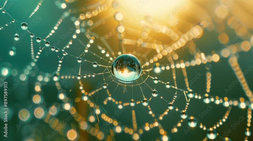 Macro shot of a water droplet on a spider web, glistening in the sunlight. Macro shot of a water droplet on a spider web, glistening in the sunlight.