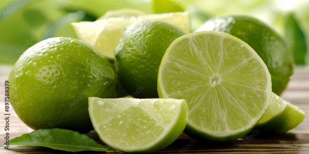 Close-up of fresh whole and cut limes on wooden table, surrounded by green leaves, with a vibrant background. Close-up of fresh whole and cut limes on wooden table, surrounded by green leaves, with a vibrant background.