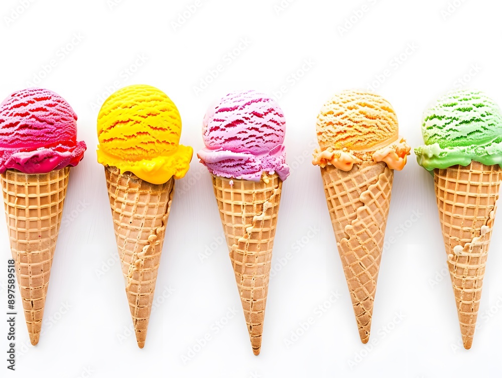 Colorful ice cream cones in a row on white background Colorful ice cream cones in a row on white background