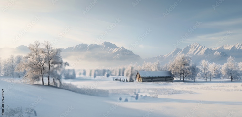 Snowy Cabin in the Mountains at Dawn Snowy Cabin in the Mountains at Dawn