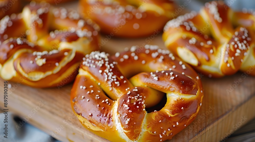 Freshly baked and golden pretzels on a wooden table Freshly baked and golden pretzels on a wooden table