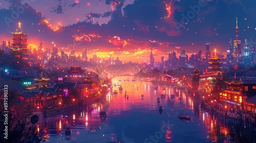 The city's vibrant, neon-lit skyline at night, shimmering with radiant lights and bustling activity, creating a lively, energetic atmosphere that feels both majestic and futuristic. Watercolor style,