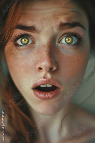 Shocked Woman with Freckles and Bright Eyes in Soft-Focused Background for Surprised Reaction Concepts