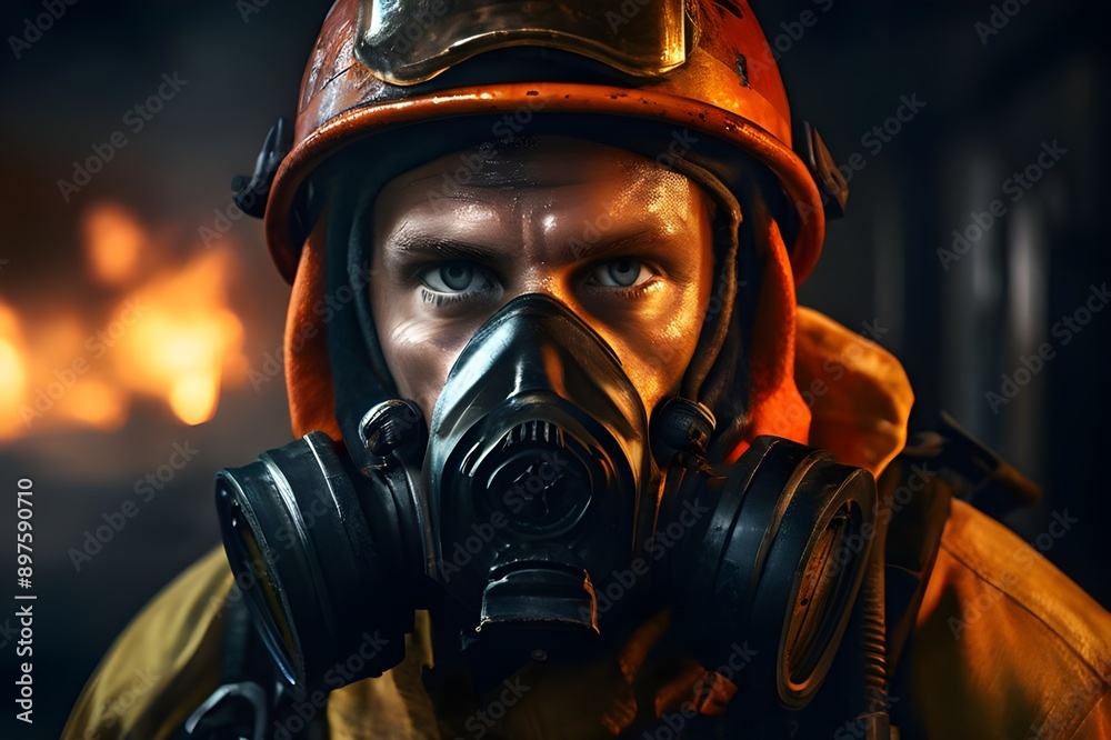 Fototapeta premium fireman and helmet with gas mask