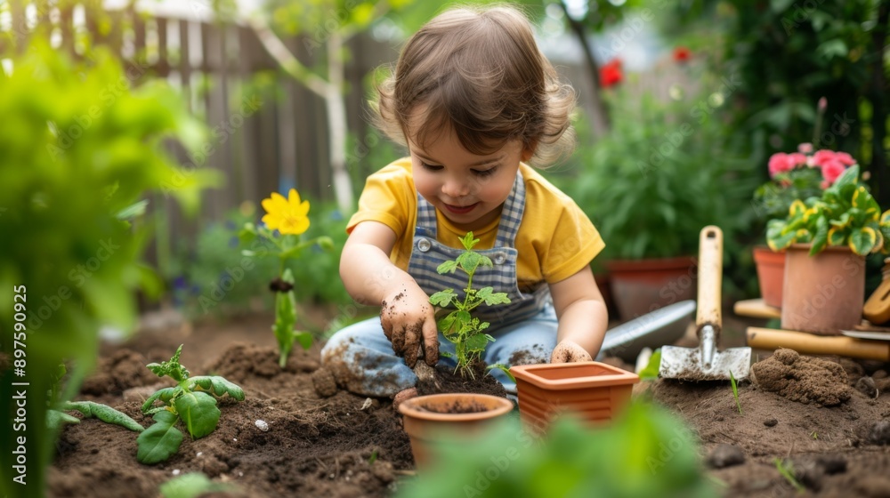 A young child happily potting a small plant in a garden A young child happily potting a small plant in a garden