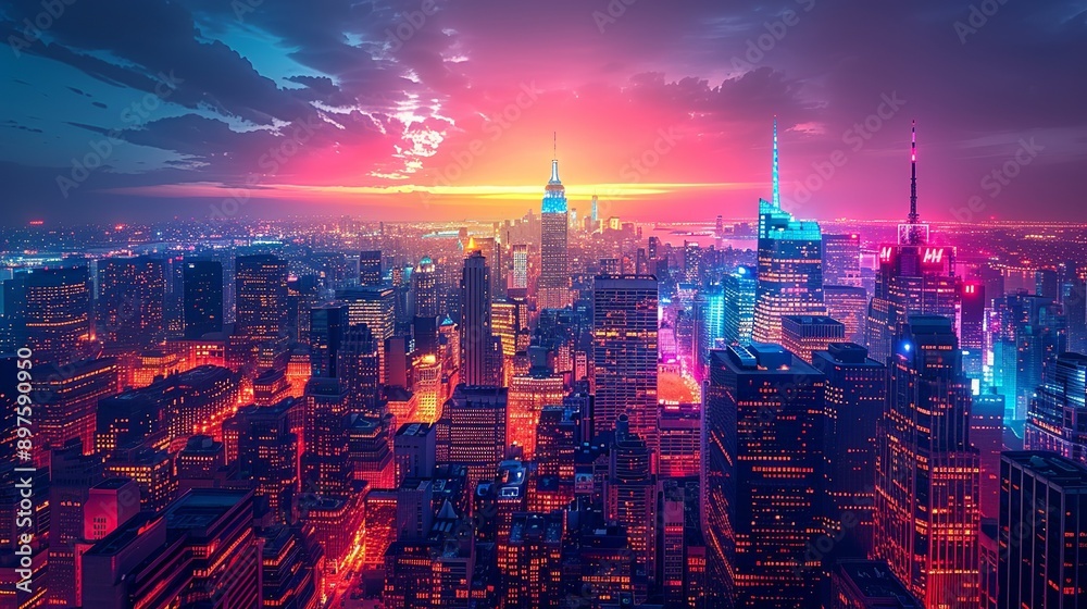 Fototapeta premium Panoramic view of a bustling city at night, with glowing, colorful lights reflecting off sleek skyscrapers and creating a dynamic, vibrant urban landscape. Watercolor style, high resolution