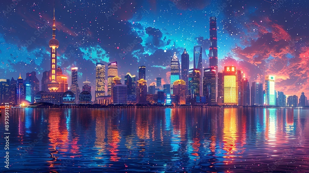 Fototapeta premium The city's vibrant, neon-lit skyline at night, shimmering with radiant lights and bustling activity, creating a lively, energetic atmosphere that feels both majestic and futuristic. Watercolor style,