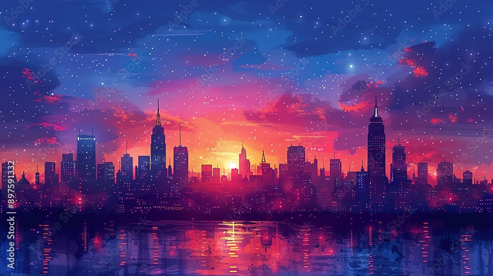 Obraz premium The radiant cityscape at night, illuminated by dazzling, neon-lit buildings and a twinkling skyline, creating a dynamic and vibrant atmosphere that feels both enchanting and futuristic. Watercolor