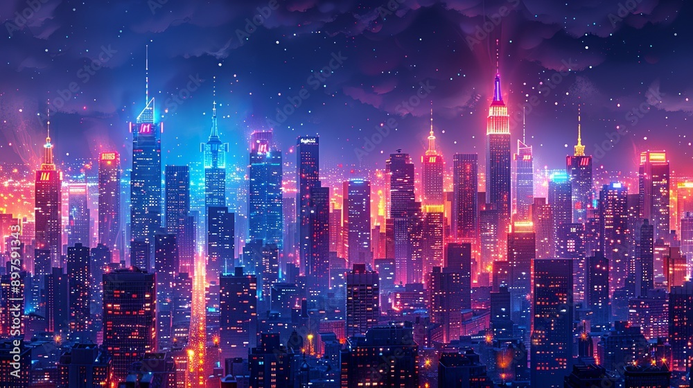 Fototapeta premium The radiant cityscape at night, illuminated by dazzling, neon-lit buildings and a twinkling skyline, creating a dynamic and vibrant atmosphere that feels both enchanting and futuristic. Watercolor