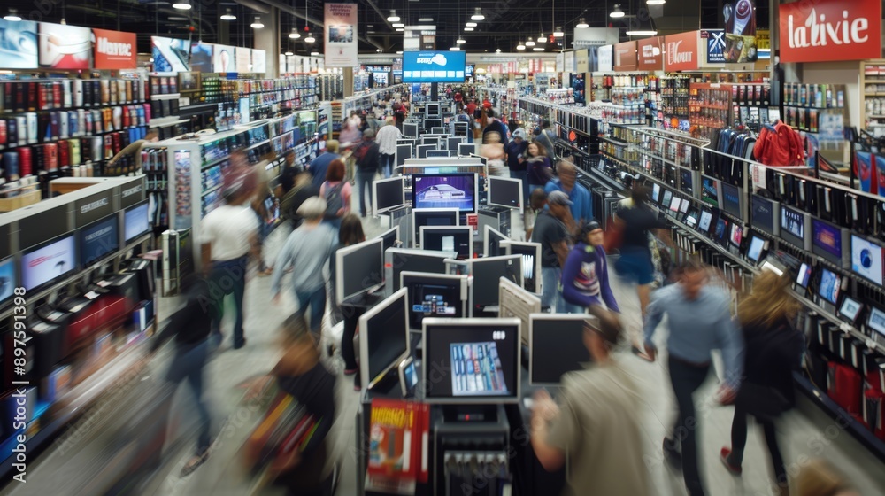 Black Friday Sale at Electronics Store with Shoppers Testing and Comparing Gadgets Black Friday Sale at Electronics Store with Shoppers Testing and Comparing Gadgets