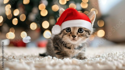 Kitten in Santa Hat by Christmas Lights