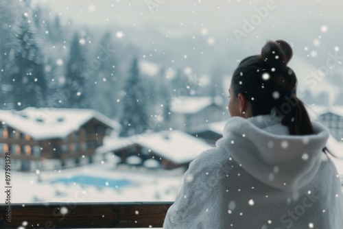 Woman in Robe Looking at Snowy Village