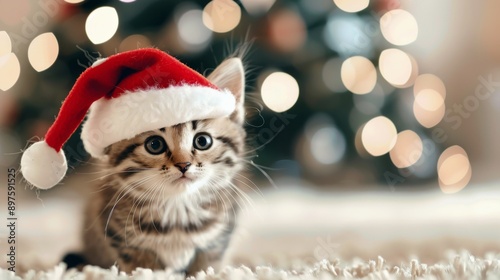 Kitten in Santa Hat by Christmas Lights