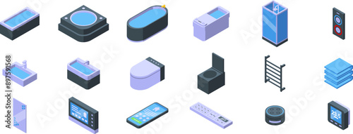 Futuristic bathroom interior icons set. Bathroom interior is featuring modern bathtub, shower cabin, toilet bowl, sink and smart home devices