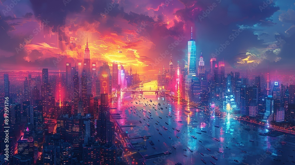 Fototapeta premium Panoramic view of a bustling city at night, with glowing, colorful lights reflecting off sleek skyscrapers and creating a dynamic, vibrant urban landscape. Watercolor style, high resolution