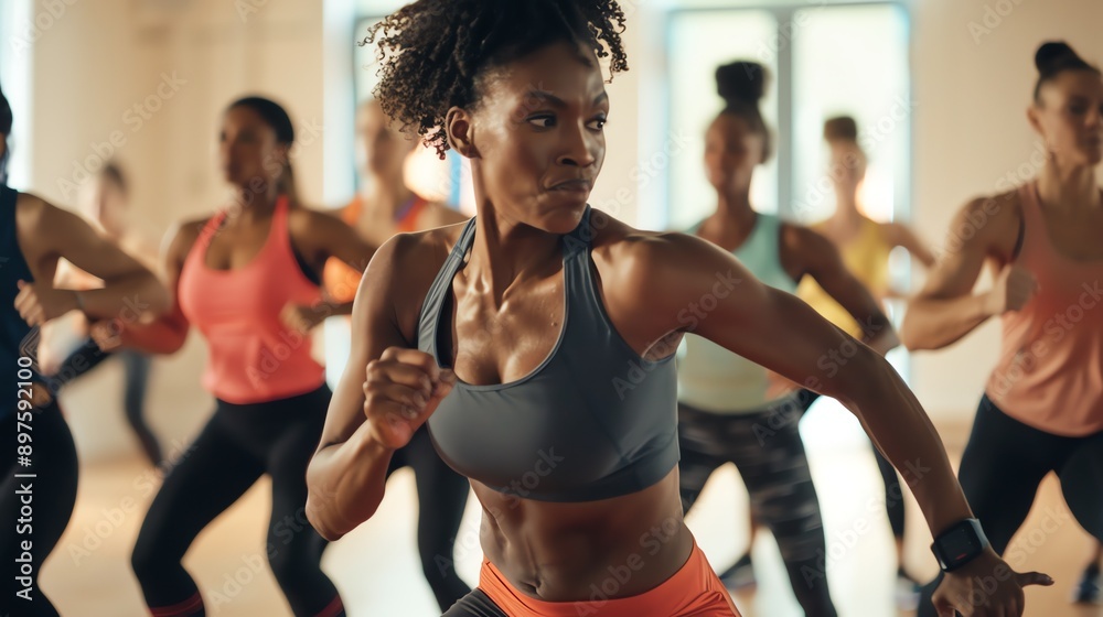 A group of women are working out in a dance fitness class. They are all wearing sportswear and are moving to the beat of the music. A group of women are working out in a dance fitness class. They are all wearing sportswear and are moving to the beat of the music.