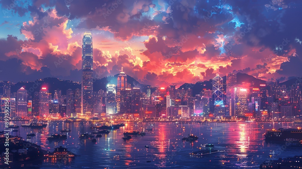 A bustling city skyline at night, glowing with bright, vivid colors and shimmering lights, creating an energetic, picturesque urban landscape that feels both lively and sophisticated. Watercolor A bustling city skyline at night, glowing with bright, vivid colors and shimmering lights, creating an energetic, picturesque urban landscape that feels both lively and sophisticated. Watercolor