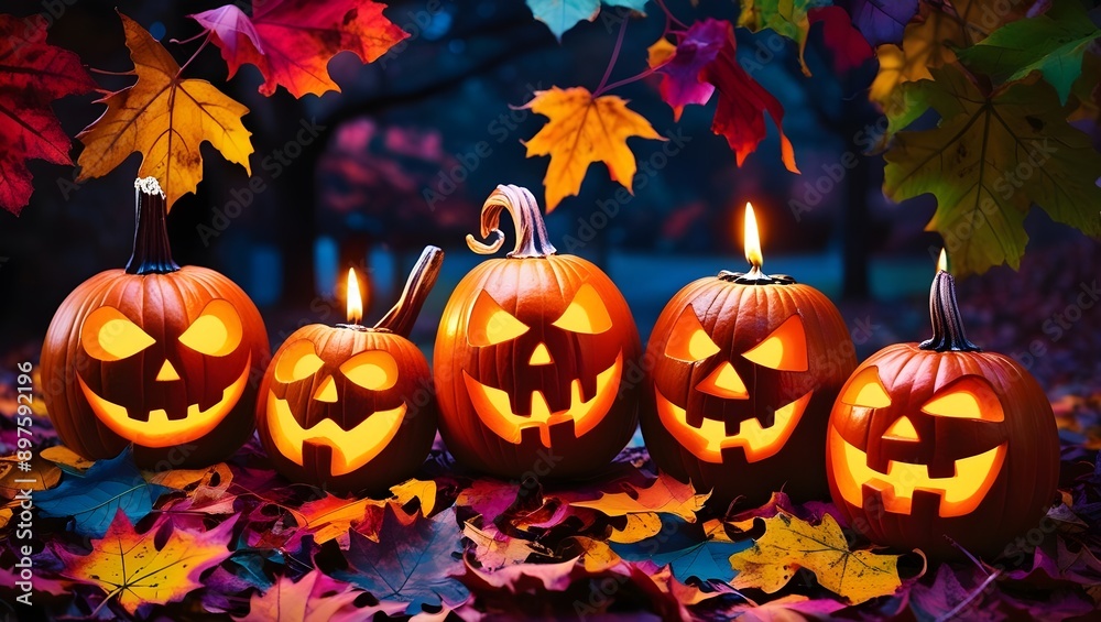 Glowing Jack-o'-Lanterns Among Colorful Autumn Leaves
Glowing Jack-o'-Lanterns Among Colorful Autumn Leaves