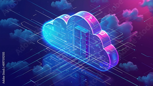 3D rendering of a cloud with blue and purple lighting, surrounded by lines and clouds. It represents the concept of cloud computing.