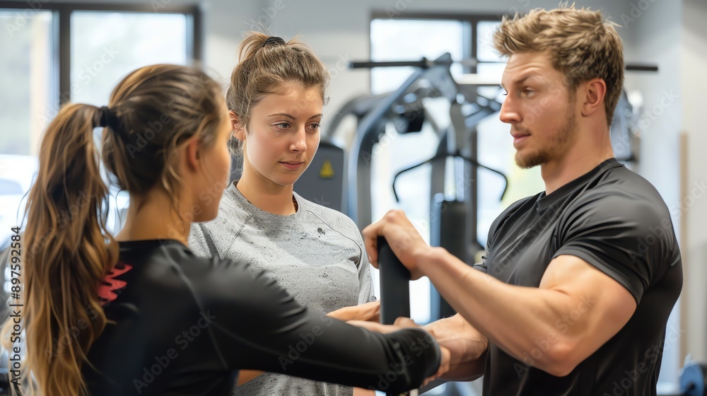 Obraz premium Personal trainer helping two women with their workout routine at the gym.