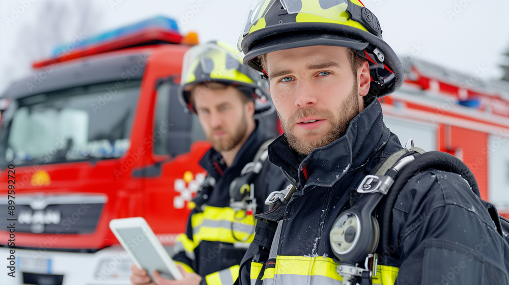 Naklejka premium Firefighter in Action with Emergency Vehicle. Snowy Winter Scene Depicting Brave Firefighters Ready for Action. Capturing the Determination and Teamwork of Firefighting Professionals