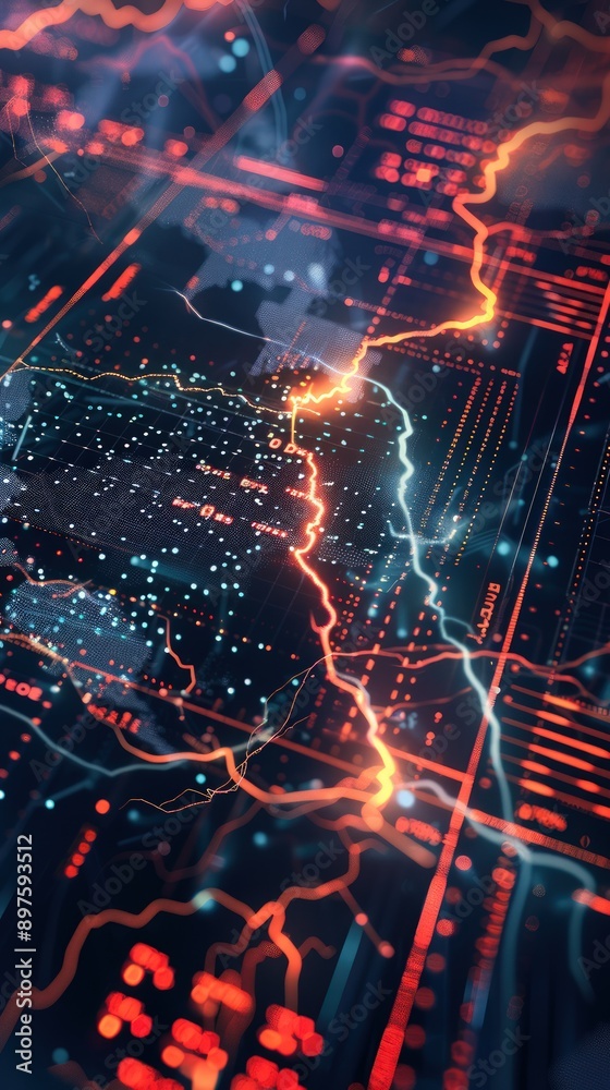 Lightning patterns highlighting global stock market data flow on a futuristic technology backdrop. Lightning patterns highlighting global stock market data flow on a futuristic technology backdrop.