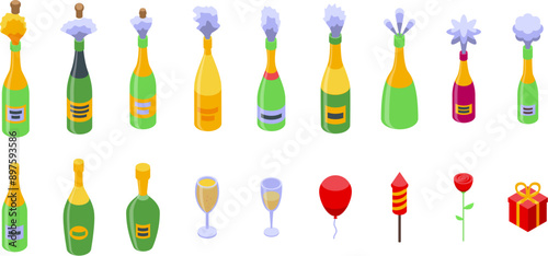 Champagne explosion icons set. Set of champagne bottles with popping corks, glasses, balloons, fireworks, roses and gift for celebration design