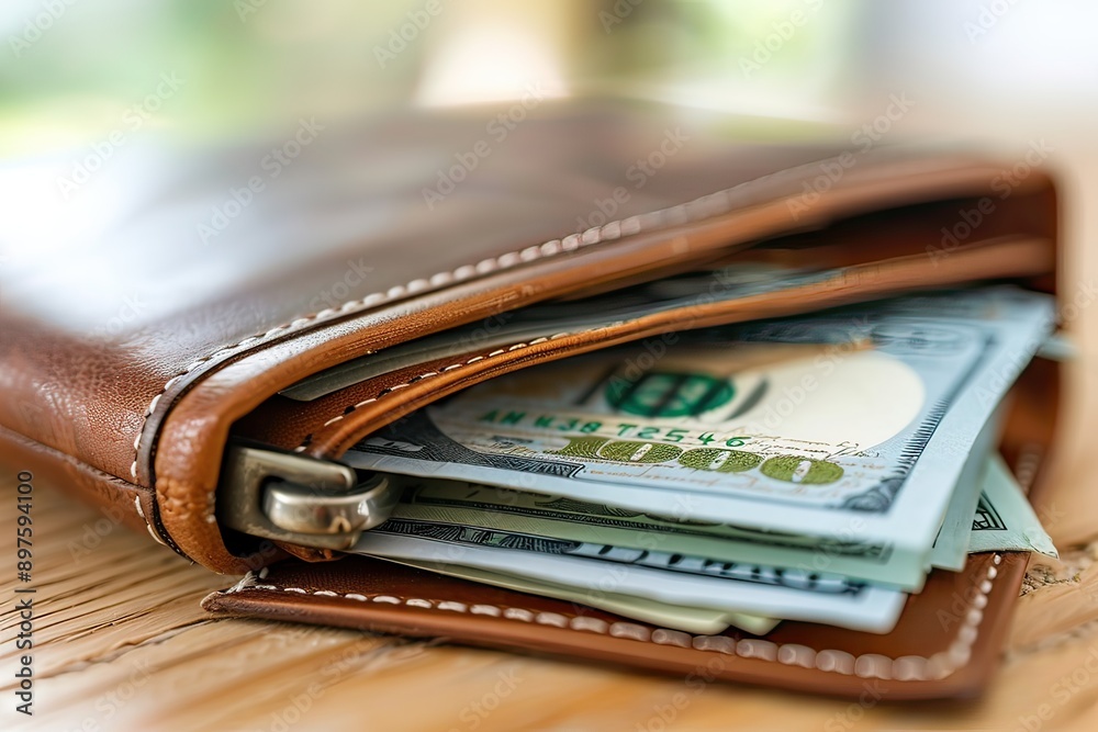 A brown wallet filled with currency is placed on a wooden table A brown wallet filled with currency is placed on a wooden table