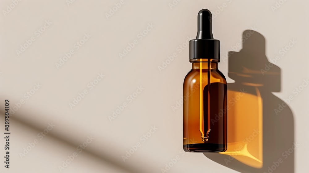 Glass dropper bottle with amber tint, casting golden shadow on beige, minimalist flat design illustration, with copy space, high-resolution photo, realistic photo, hyper realistic