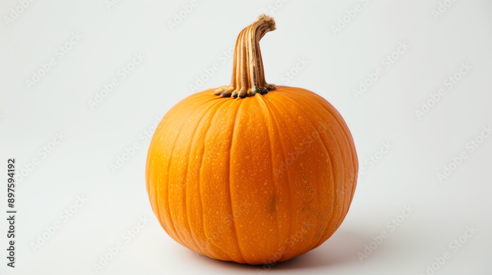 Obraz premium This is an image of a pumpkin. It has a smooth, orange surface and a green stem. It is sitting on a white background.