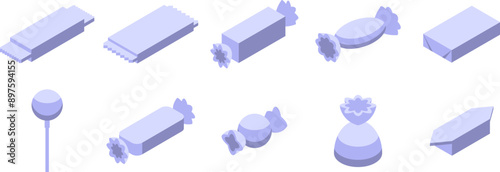 Candy wrappers icons set. Different types of sweets and candies packaging are shown from an isometric view