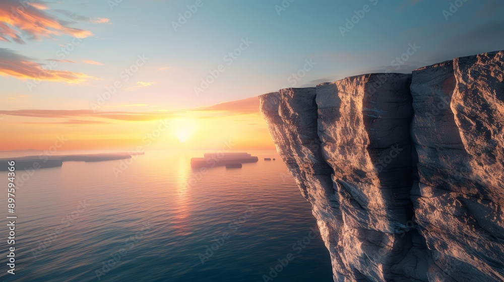 A vibrant sunset casting a warm glow over a jagged cliff, with distant islands visible on the horizon, with copy space, high-resolution photo, realistic photo, hyper realistic A vibrant sunset casting a warm glow over a jagged cliff, with distant islands visible on the horizon, with copy space, high-resolution photo, realistic photo, hyper realistic