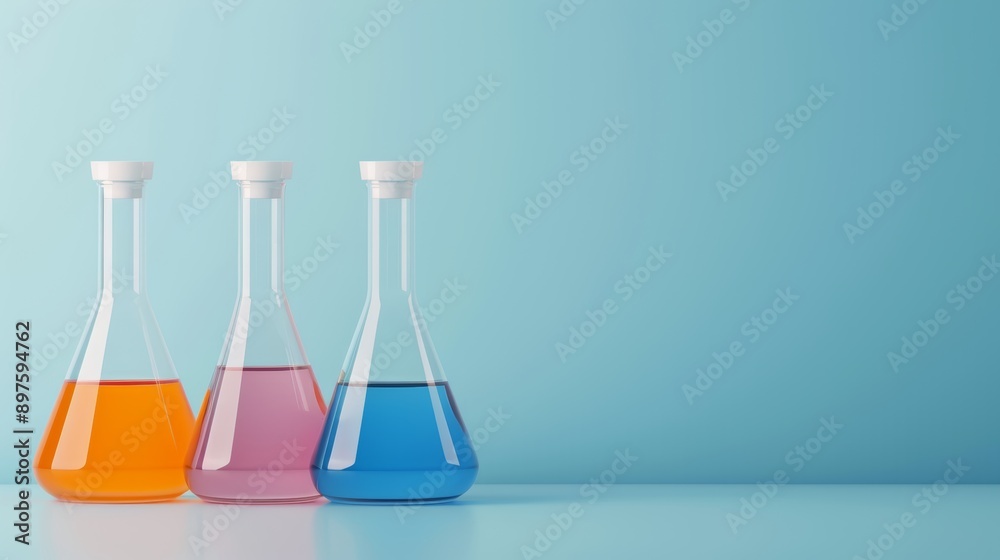 Colorful beakers on table, light background, flat design illustration, with copy space, high-resolution photo, realistic photo, hyper realistic Colorful beakers on table, light background, flat design illustration, with copy space, high-resolution photo, realistic photo, hyper realistic