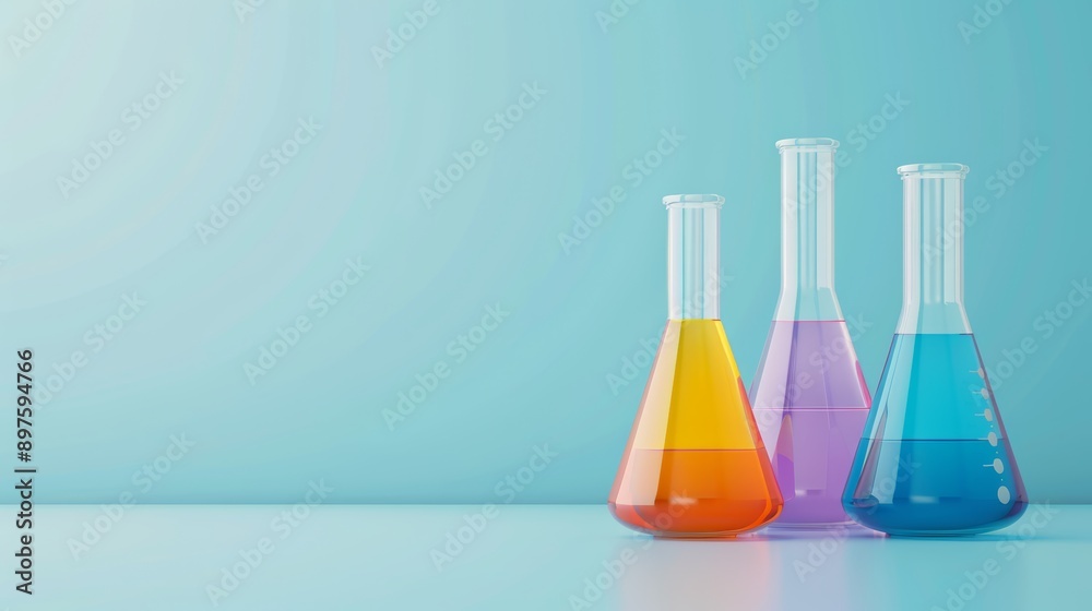 Colorful beakers on table, light background, flat design illustration, with copy space, high-resolution photo, realistic photo, hyper realistic Colorful beakers on table, light background, flat design illustration, with copy space, high-resolution photo, realistic photo, hyper realistic