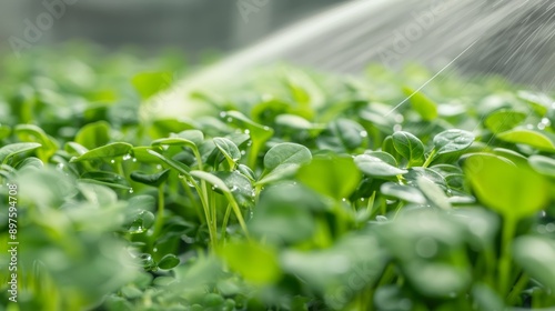 Close-up of vibrant microgreens in a greenhouse, spray nozzle misting water over the leaves, creating a refreshing atmosphere, with copy space, high-resolution photo, realistic photo, hyper realistic