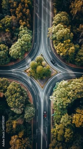 A four-way intersection with cars driving through, surrounded by lush green trees