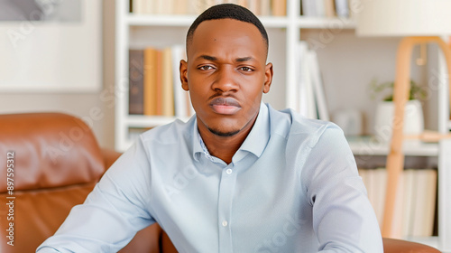 Man portrait with serious expression in modern living room. Close-up of a man with a thoughtful look dressed in a light blue shirt surrounded by a cozy stylish interior