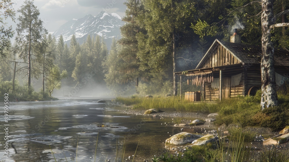 Serene Rustic Cabin by River with Fishing Gear in Mountain Forest - Print, Card, Poster Design Serene Rustic Cabin by River with Fishing Gear in Mountain Forest - Print, Card, Poster Design